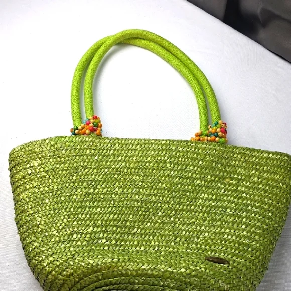 Capelli/Straworld Vibrant Green Woven Tote Bag Purse Beads Beachy BoHo GUC READ - Picture 1 of 14